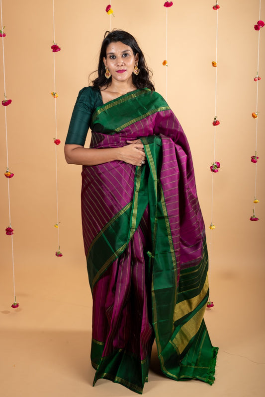 Brinjal purple and green pure silk saree