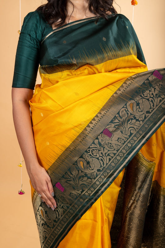Yellow and green soft silk saree