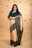 Beige and green soft silk saree