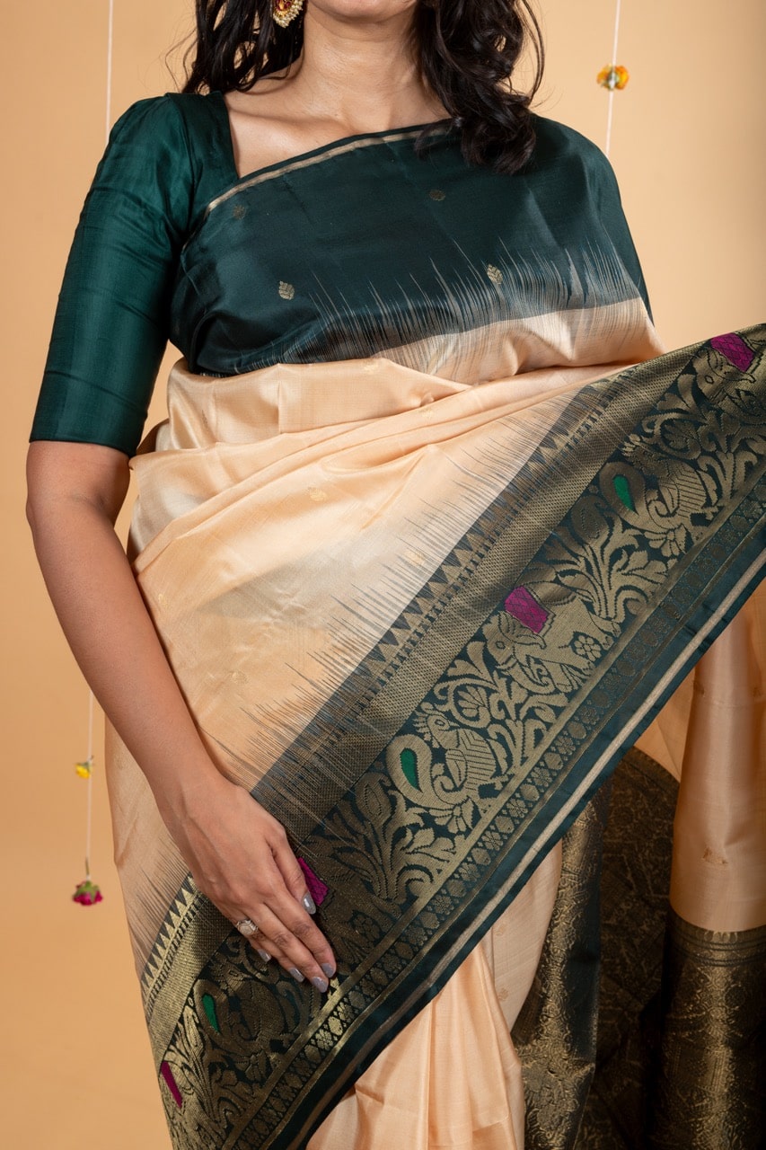 Beige and green soft silk saree