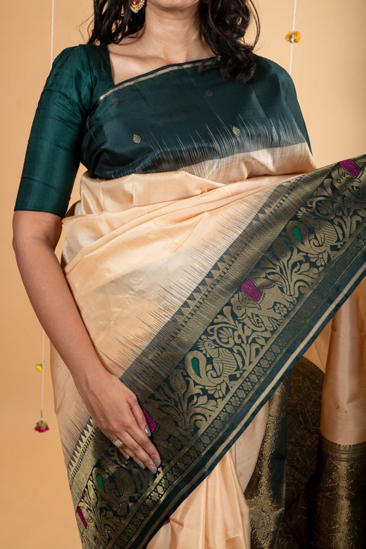 Beige and green soft silk saree