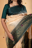 Beige and green soft silk saree