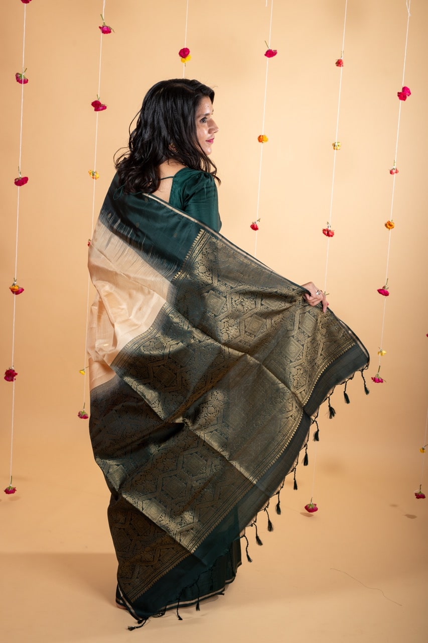 Beige and green soft silk saree