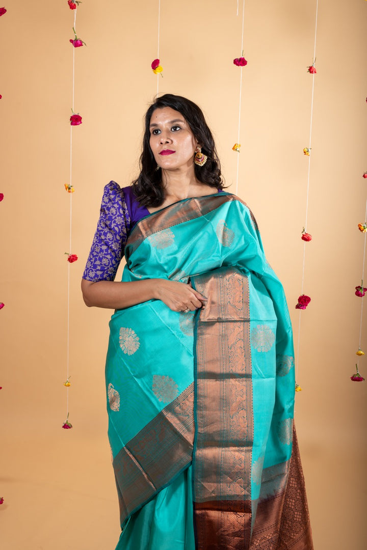 Turquoise pure silk saree