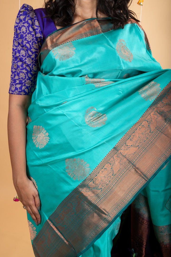 Turquoise pure silk saree