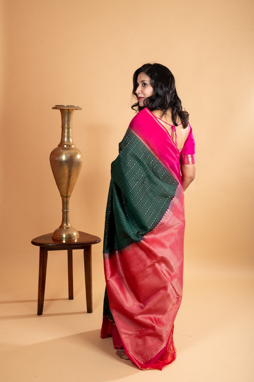 Dark Green Silk Saree With Pink Border