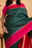 Dark Green Silk Saree With Pink Border