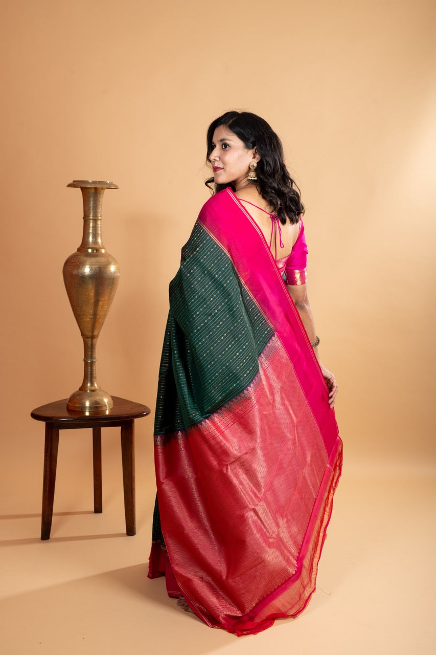 Dark Green Silk Saree With Pink Border