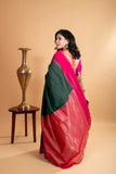 Dark Green Silk Saree With Pink Border