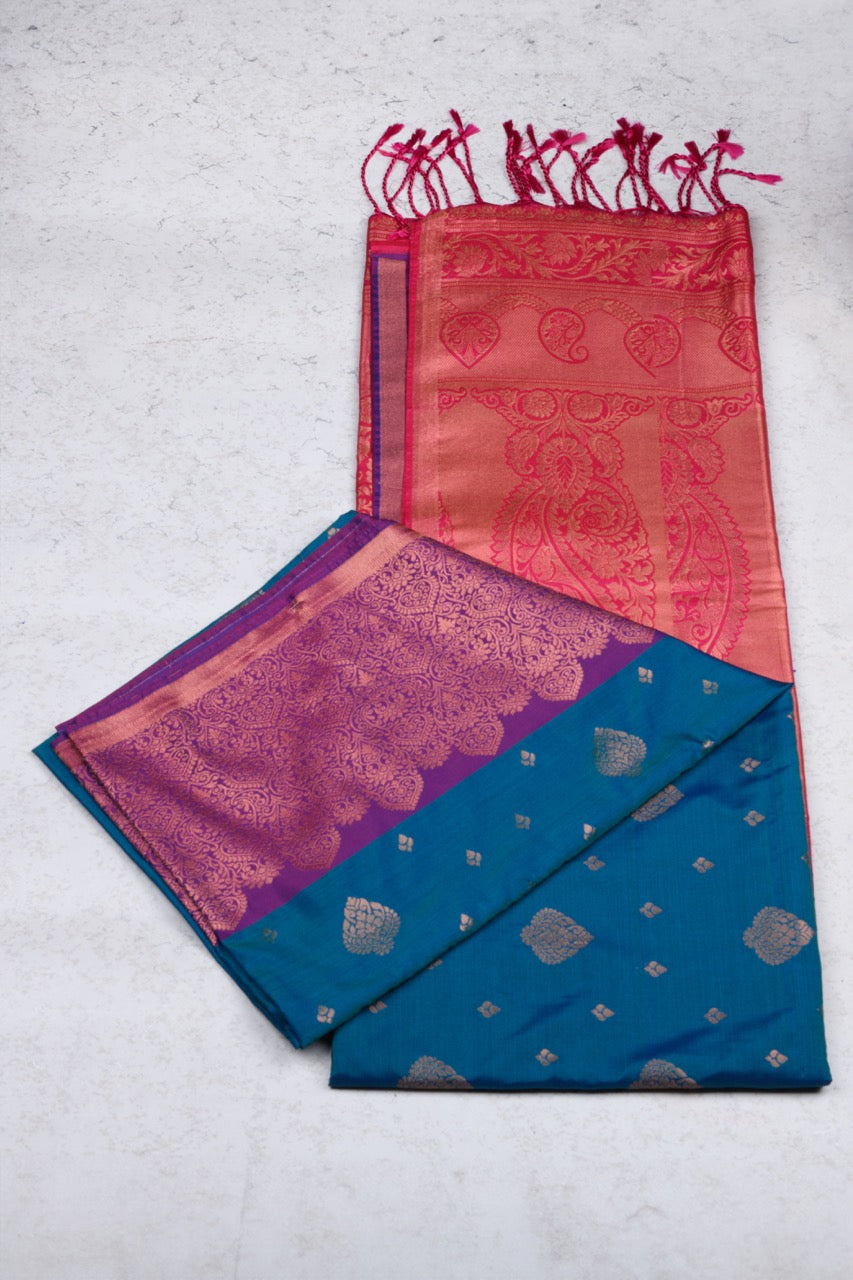 Peacock Blue Designer Semi Soft Silk Saree