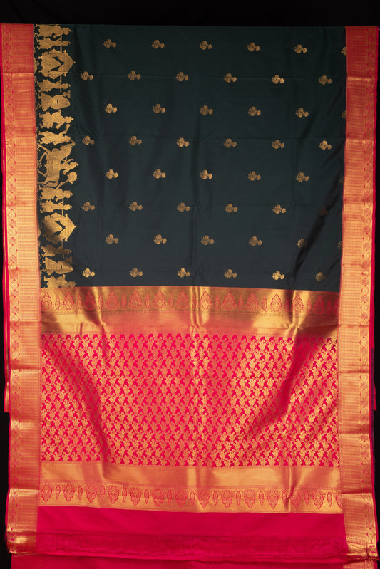 Bottle Green and Pink Semi Silk Saree