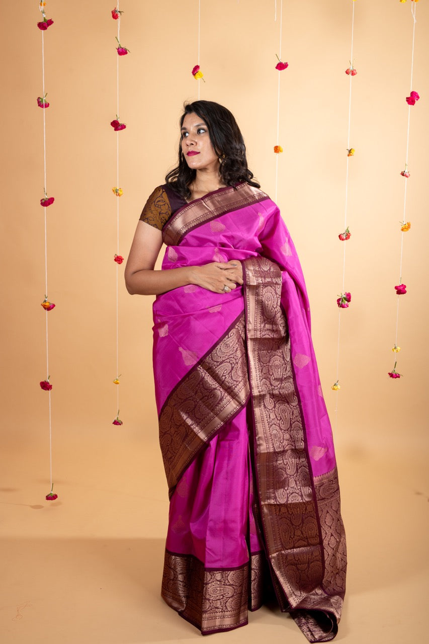 Pink and wine maroon soft silk saree