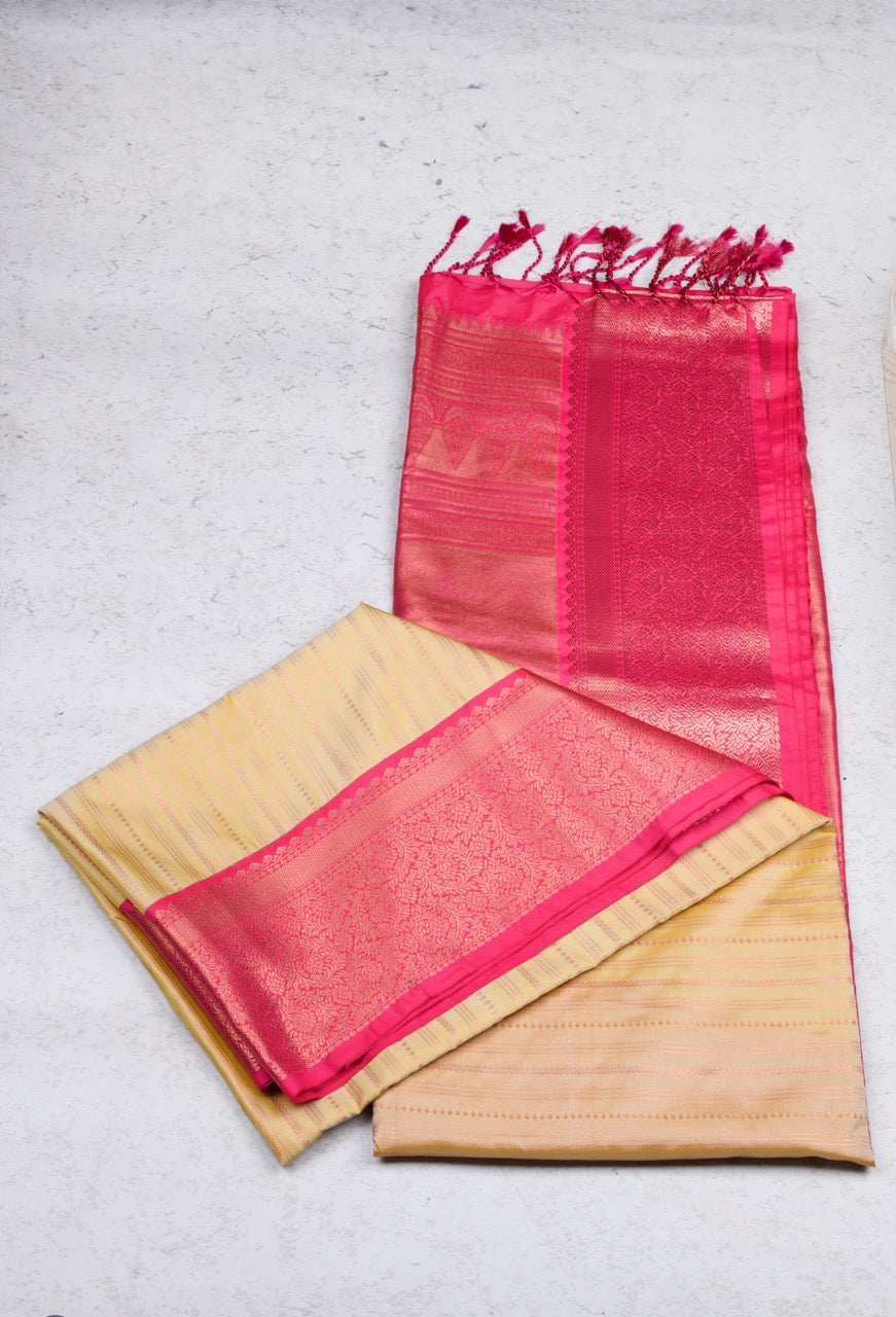 Offwhite Pink Brocade Silk Saree