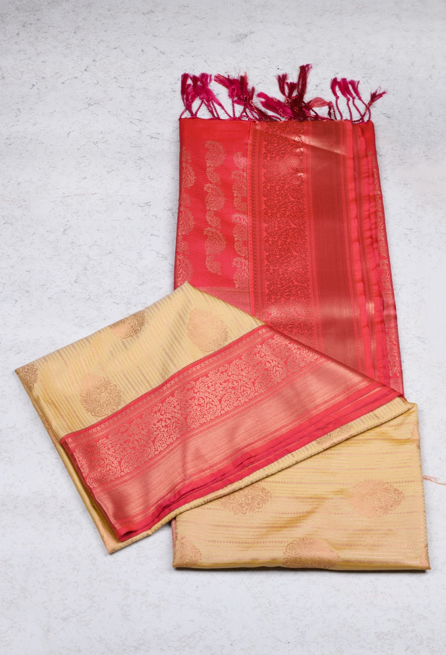 Offwhite and Pink Brocade Silk Saree