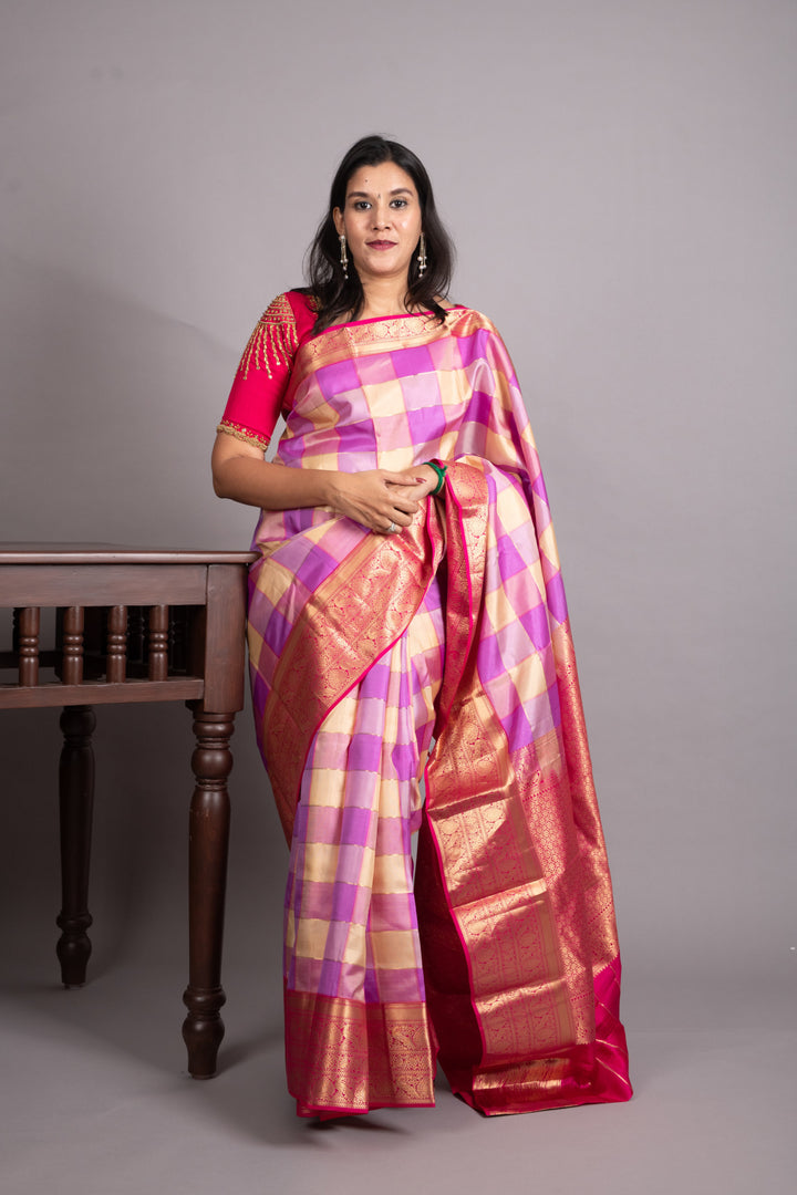 White and Pink Mukticolour pure silk saree