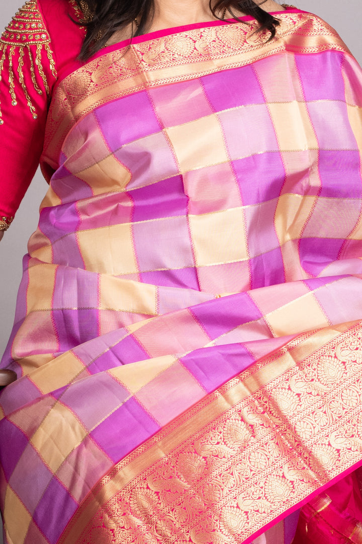 White and Pink Mukticolour pure silk saree