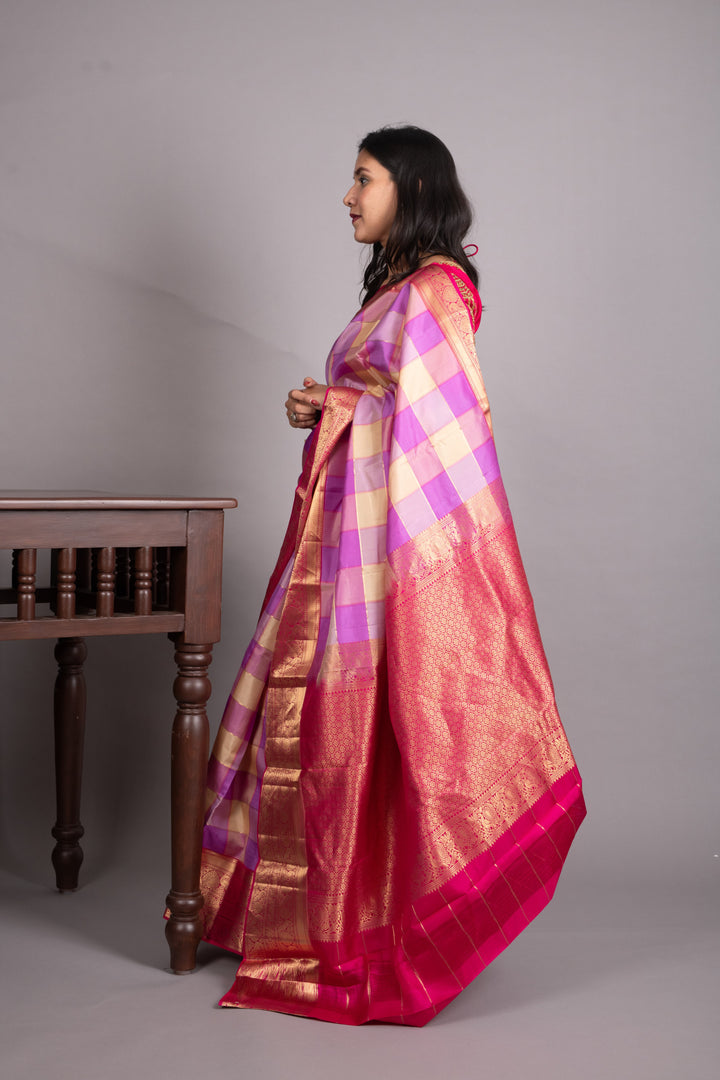 White and Pink Mukticolour pure silk saree