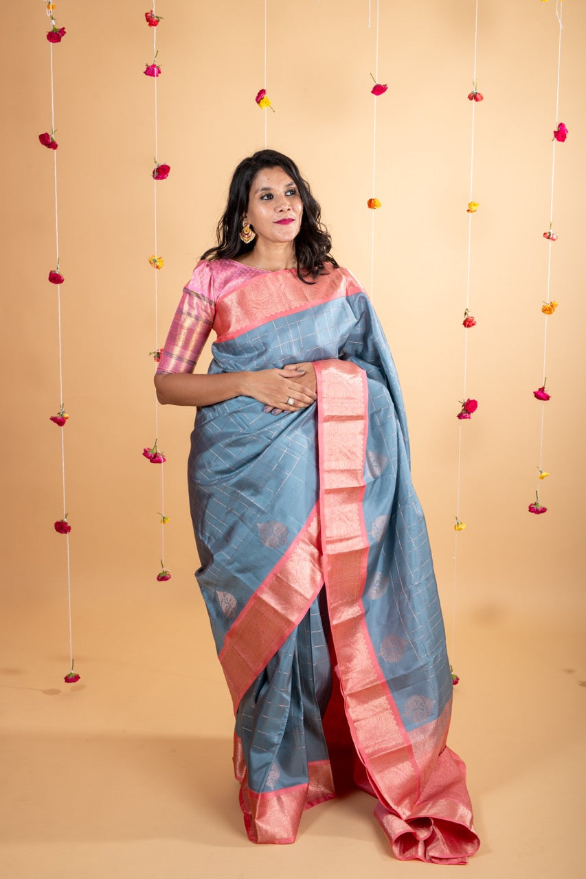 Grey and peach traditional silk saree