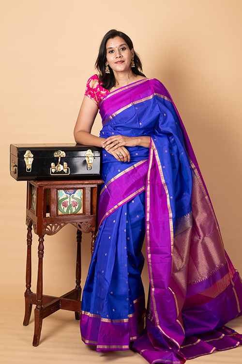 Dark Blue & Pink Kanchipuram Silk Saree