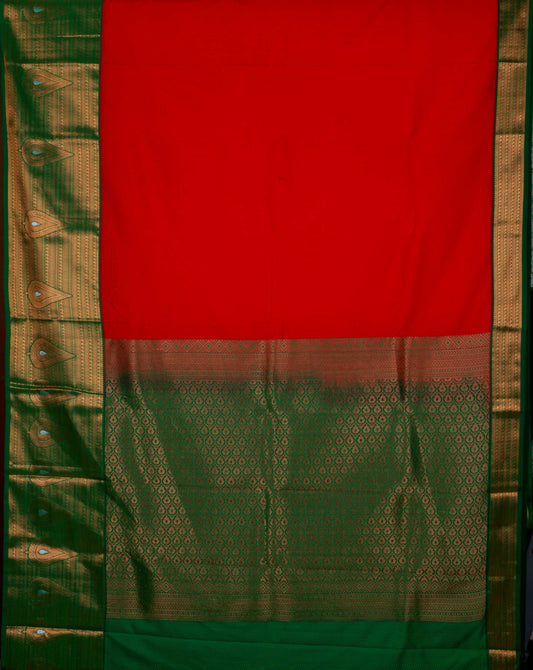 Red And Green Designer Semi Silk Saree