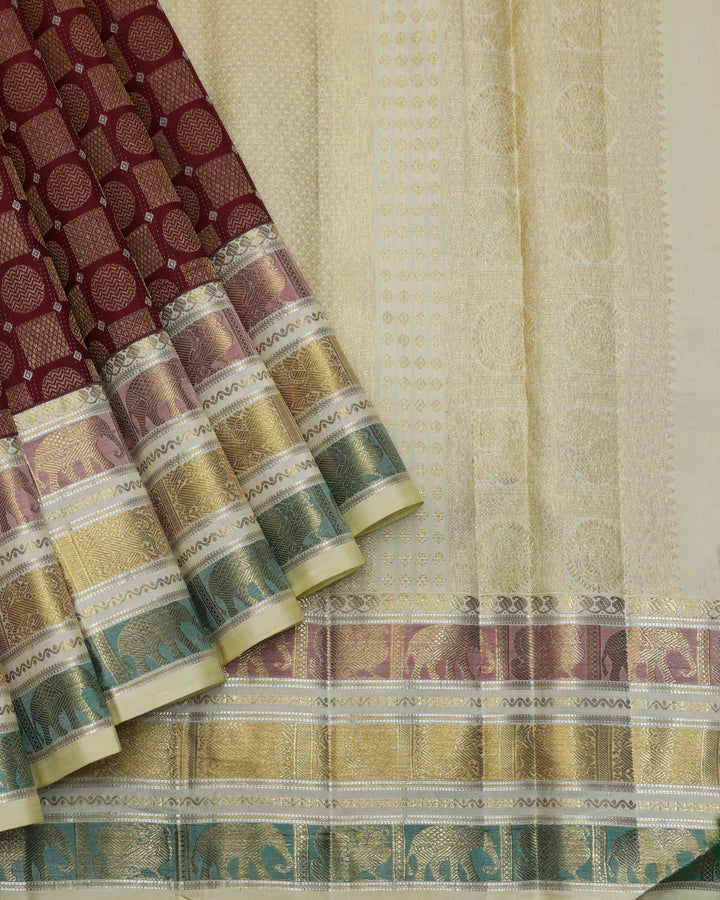 Maroon and Cream designer kanchipuram silk saree
