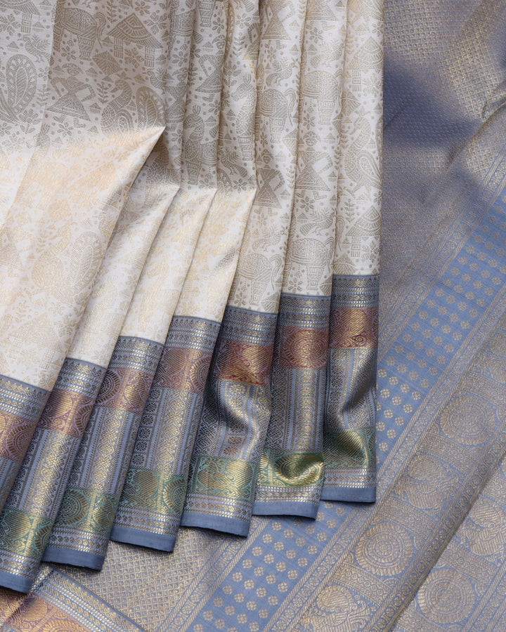 Off white and Grey pure zari kanjivaram silk saree