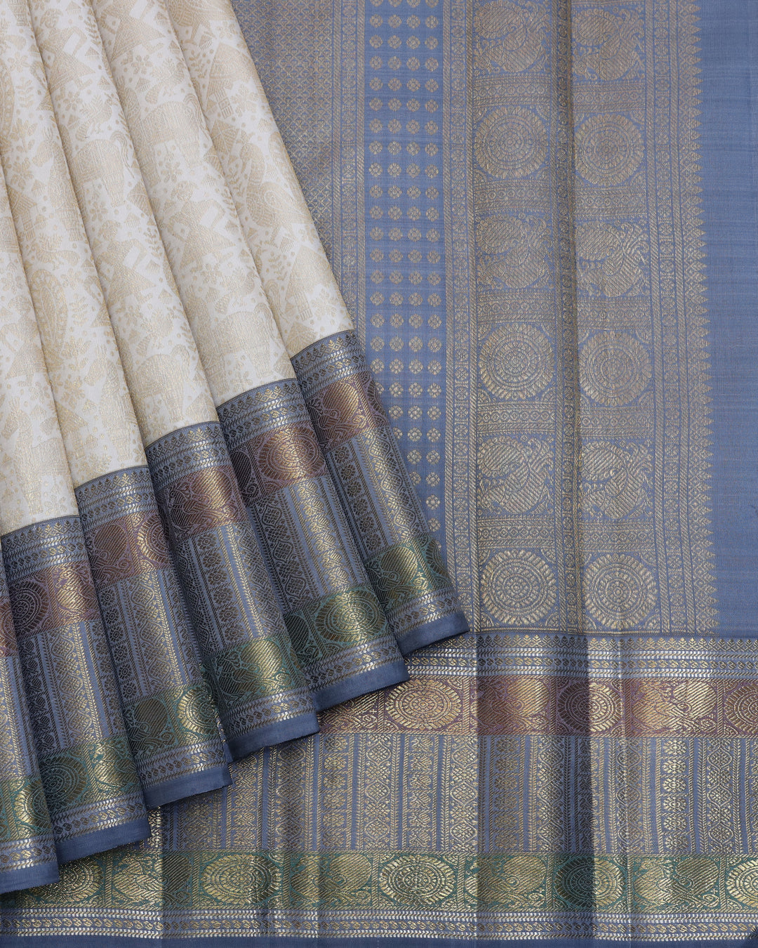 Off white and Grey pure zari kanjivaram silk saree