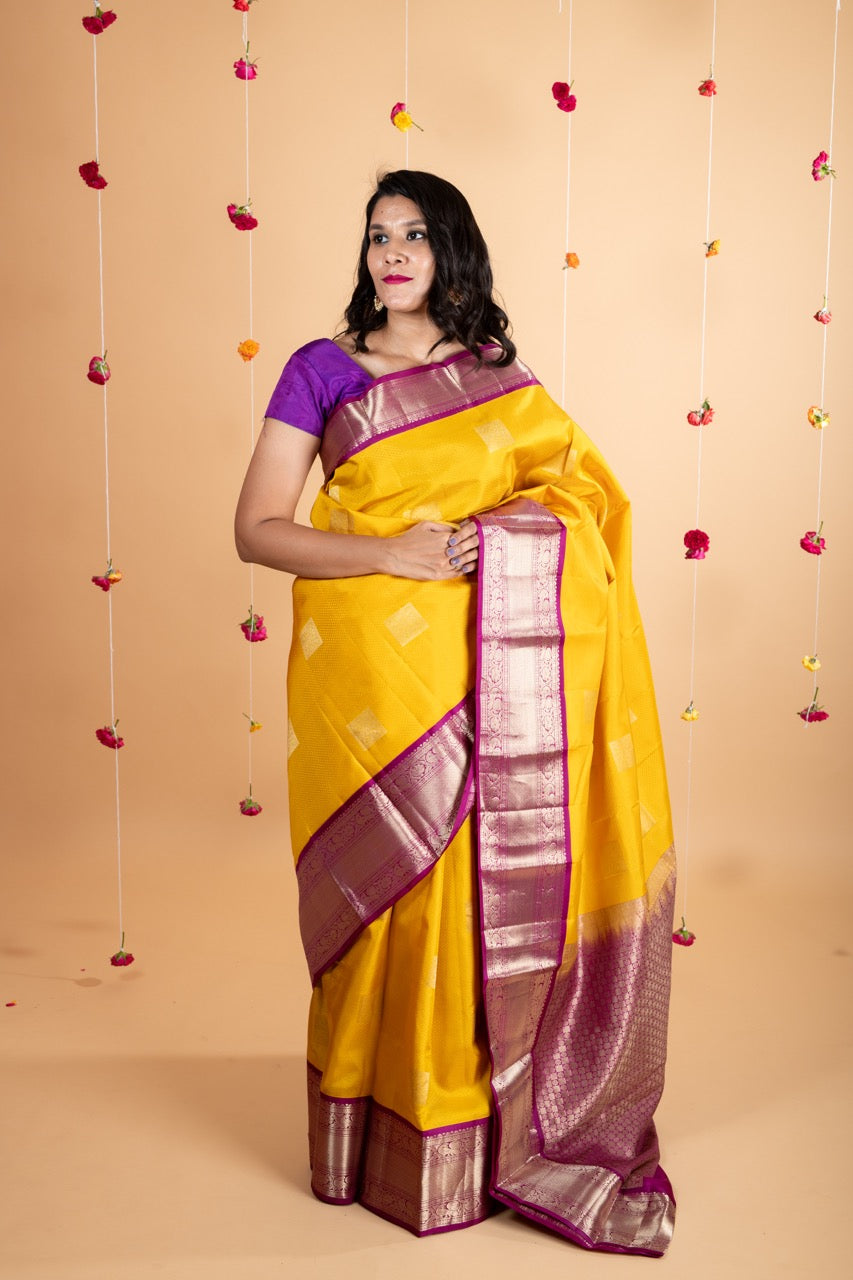 Yellow and purple pure silk saree