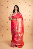 Pinkish orange pure silk saree