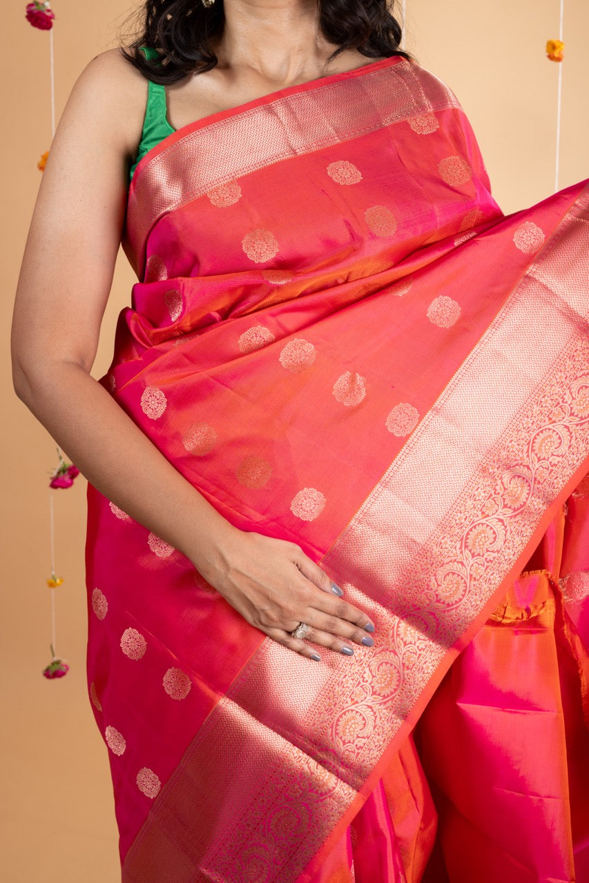 Pinkish orange pure silk saree