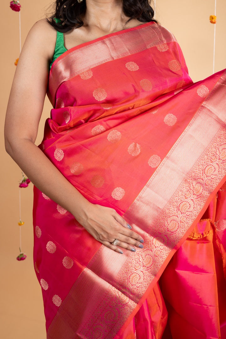 Pinkish orange pure silk saree