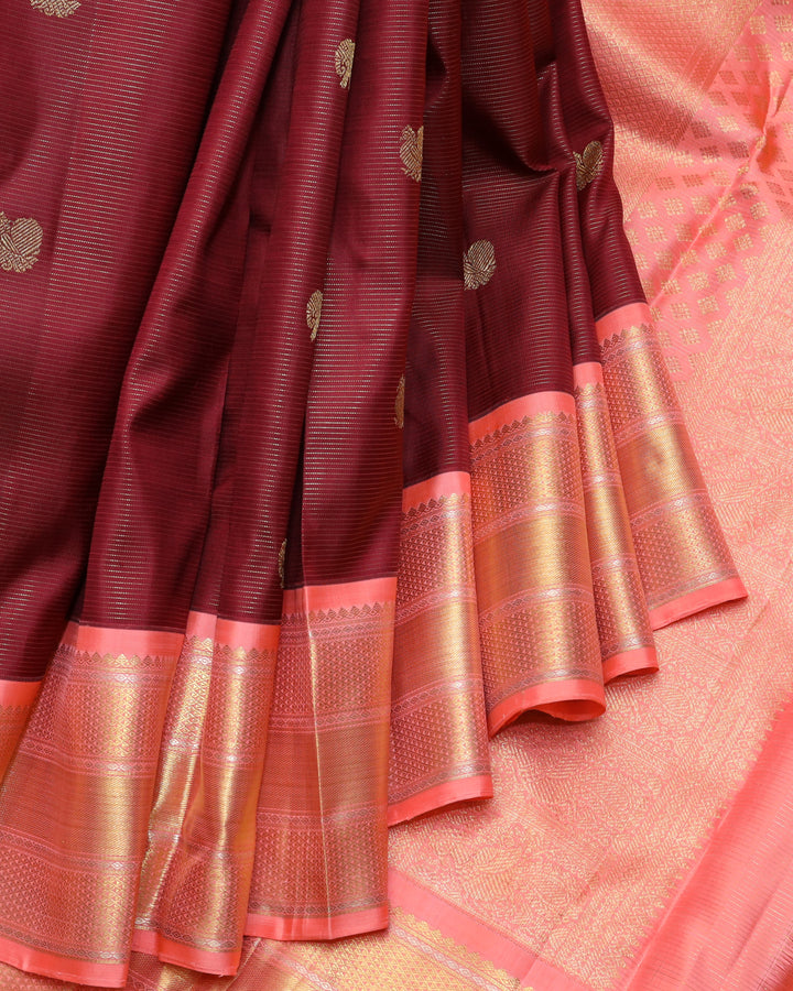 Maroon and Peach pure zari silk saree