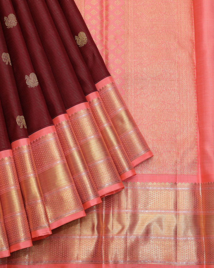 Maroon and Peach pure zari silk saree