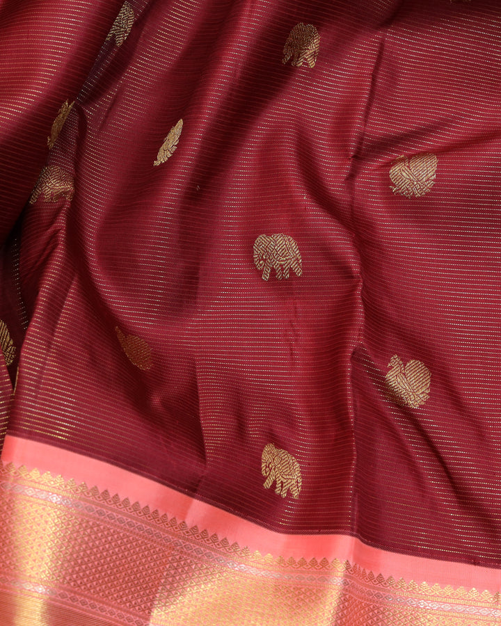 Maroon and Peach pure zari silk saree