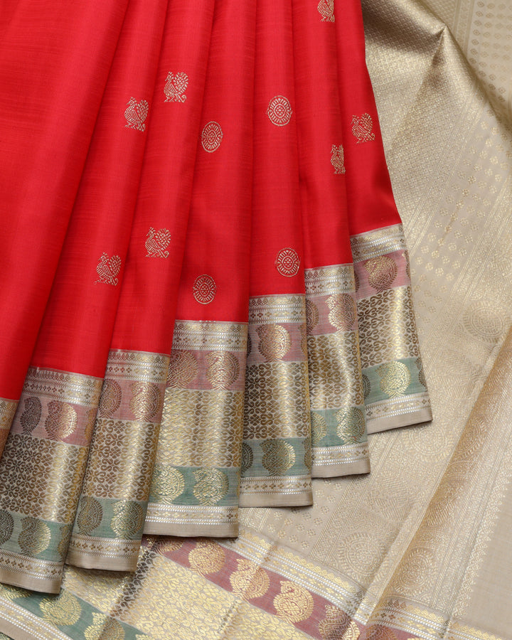 Red and Beige pure zari silk saree