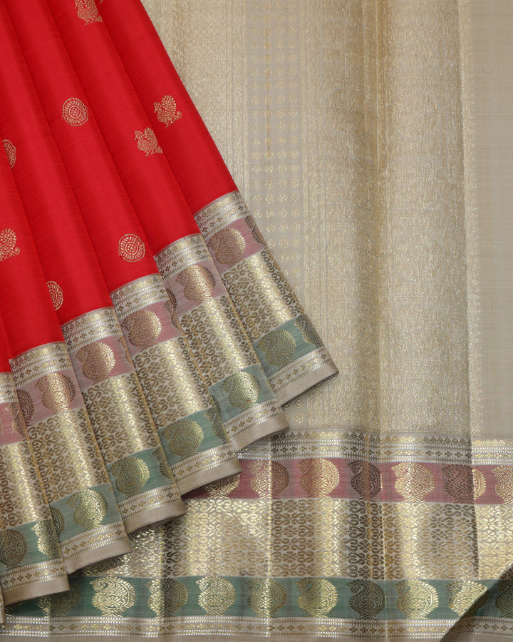 Red and Beige pure zari silk saree