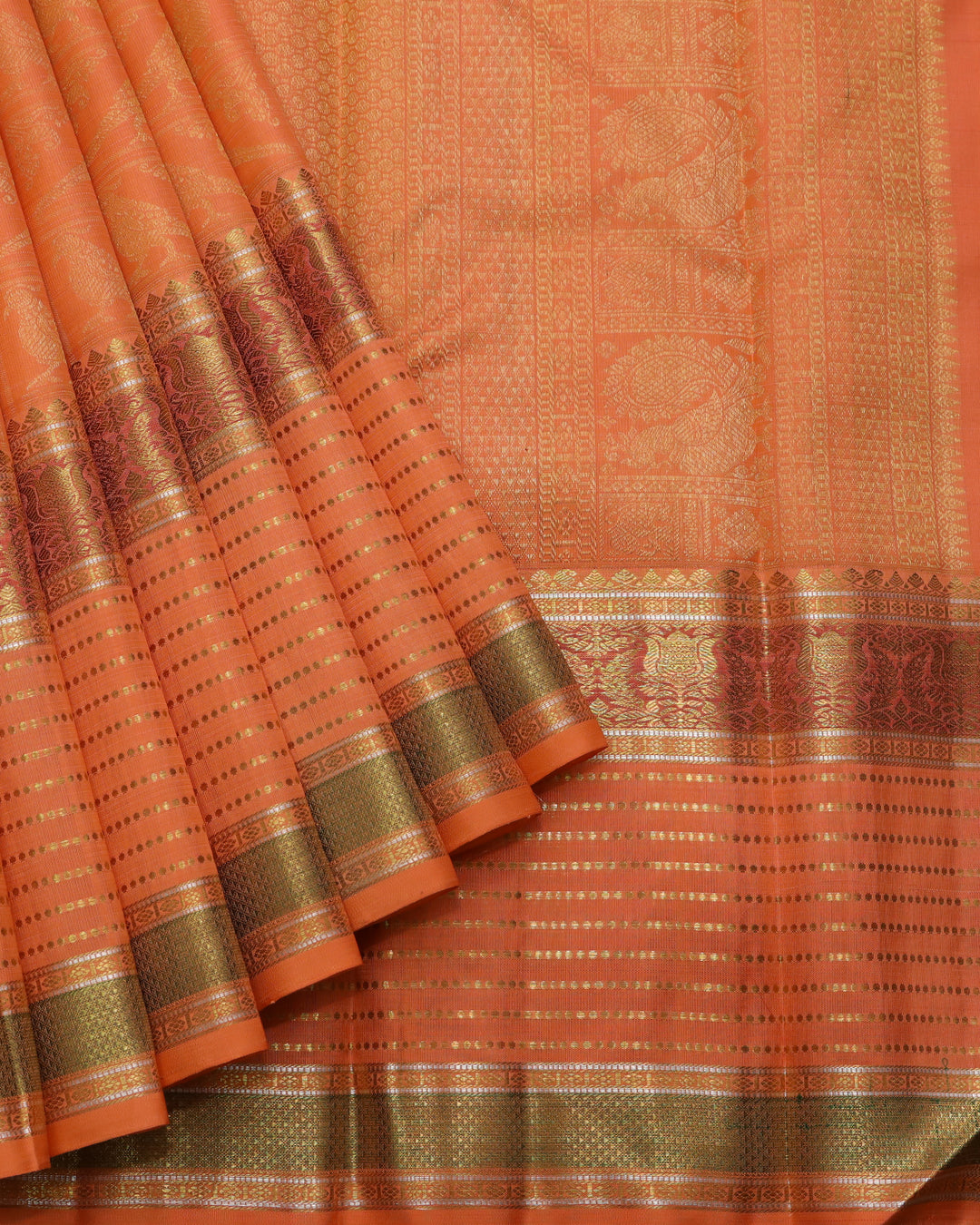 Orange and Red pure zari silk saree