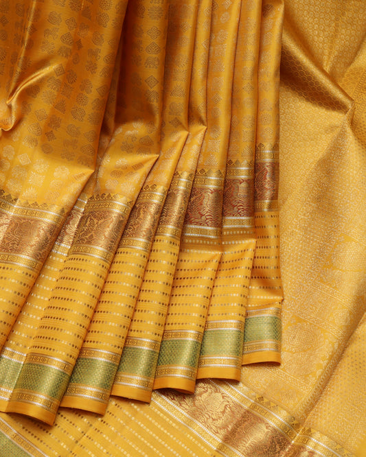 Mustard yellow and Gold pure zari silk saree