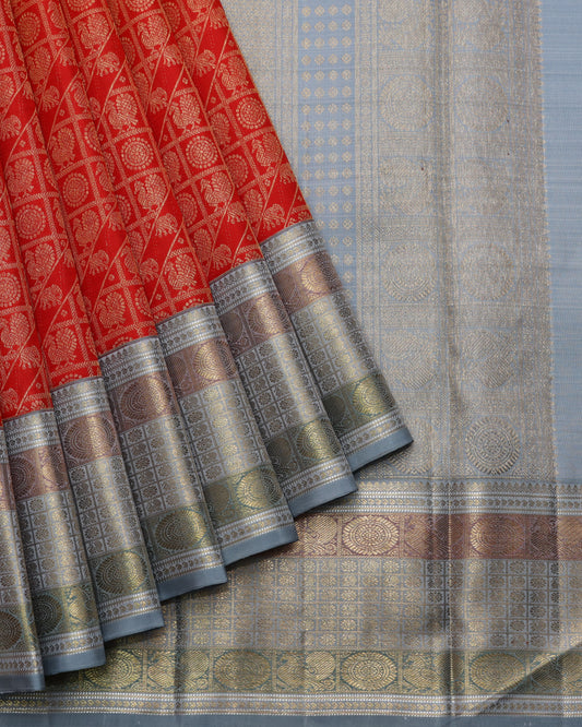 Red and Grey pure zari silk saree
