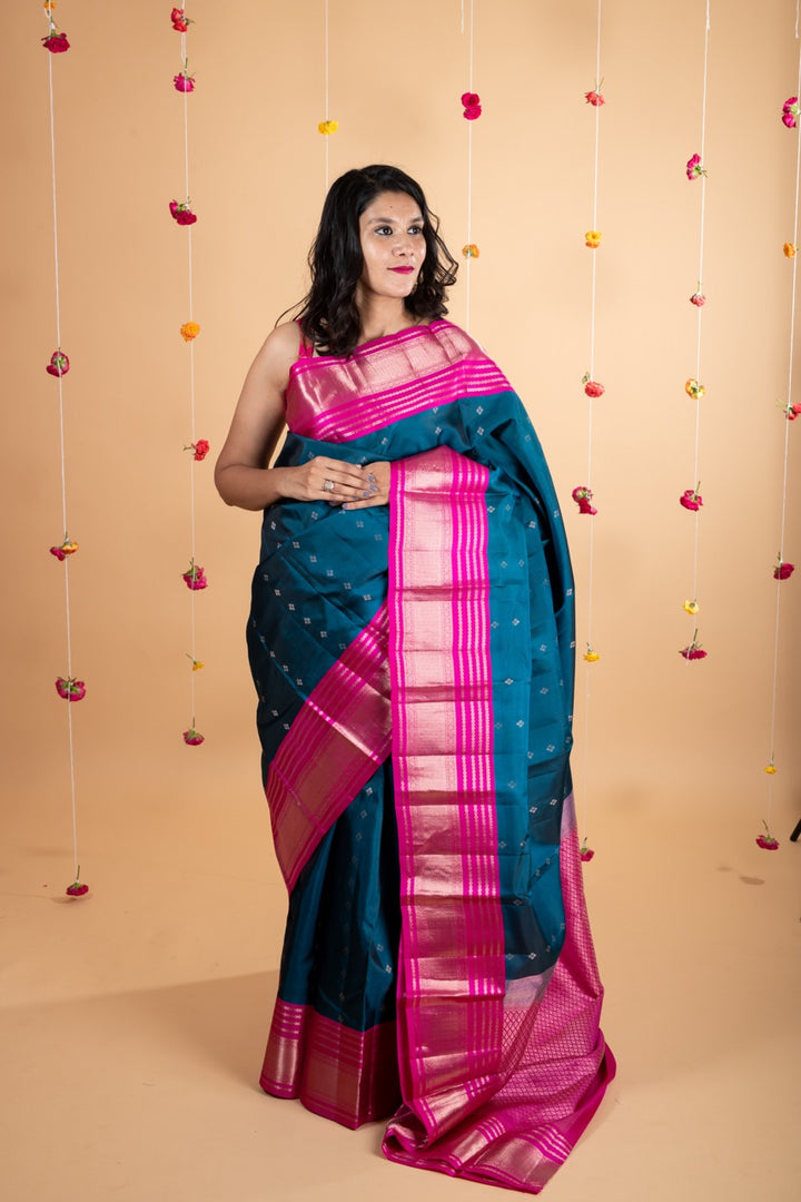 Teal blue pure silk saree
