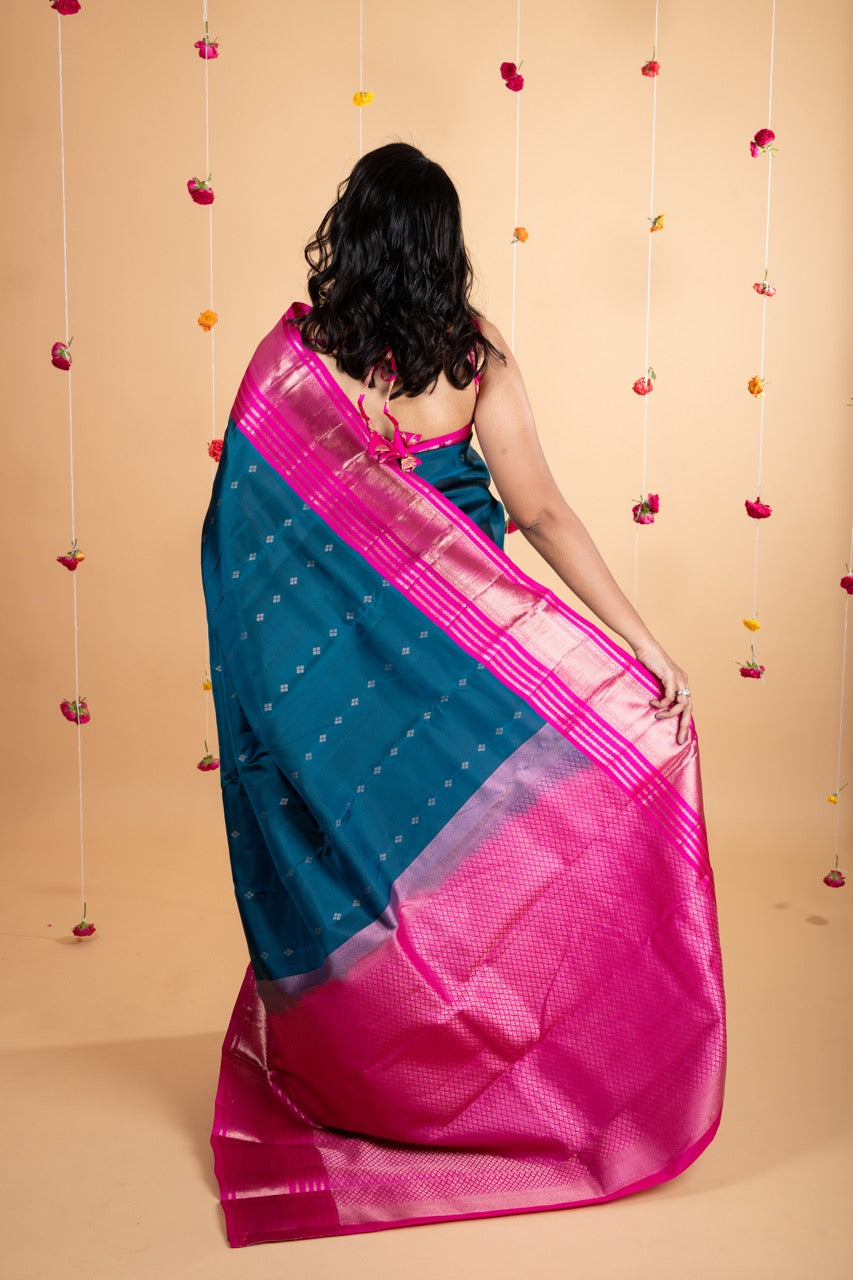 Teal blue pure silk saree