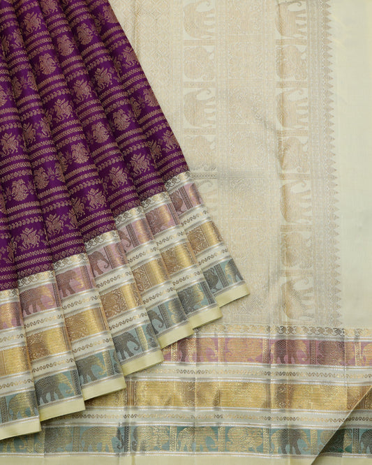 Purple and Cream designer pure zari silk saree