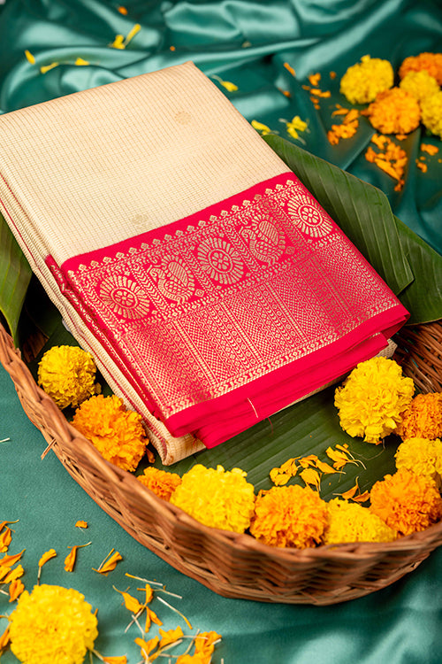 Cream And Pink Designer Semi Silk Saree