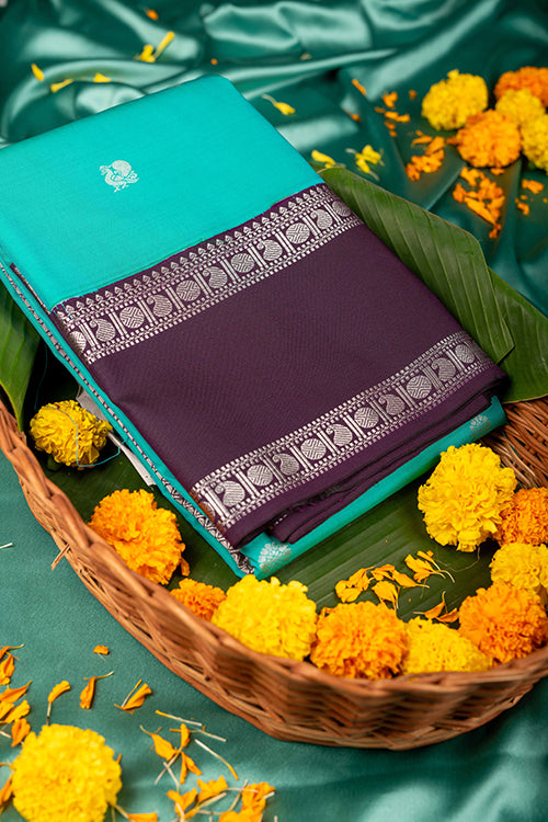 Daul Tone Aqua Green and Purle Retta Petu semi silk saree