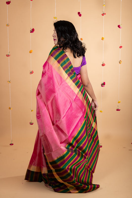 Pink and multicolour border pure silk saree