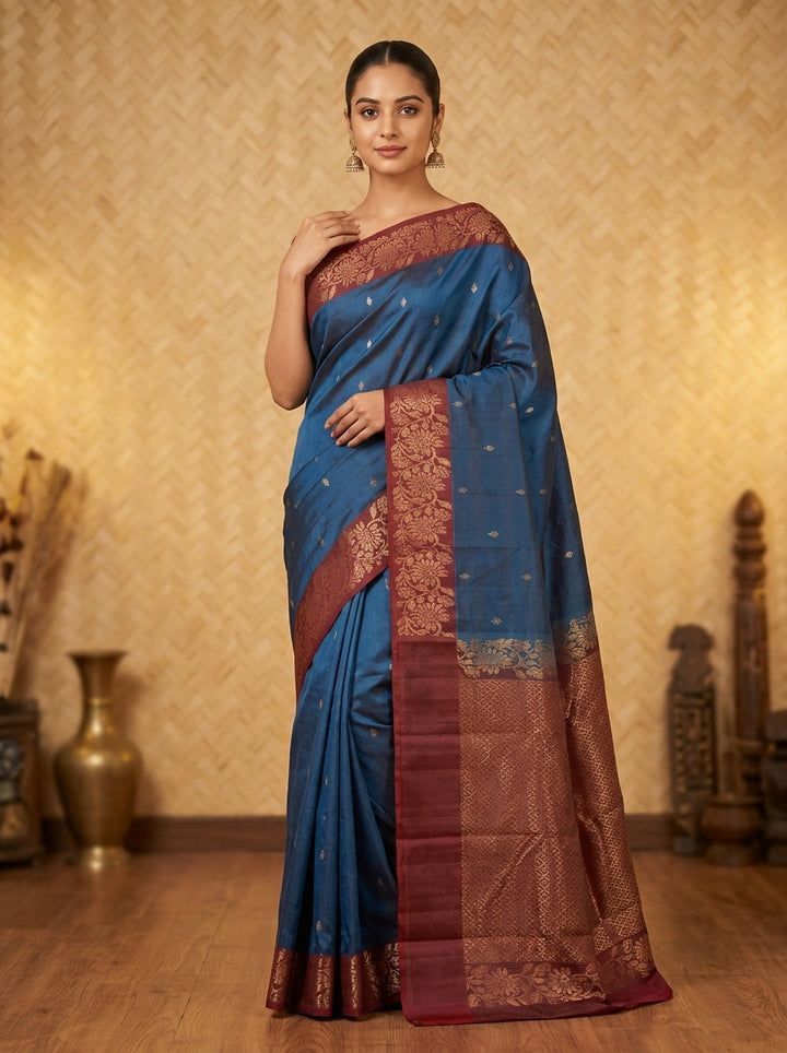 Peacock blue and maroon pure silk saree