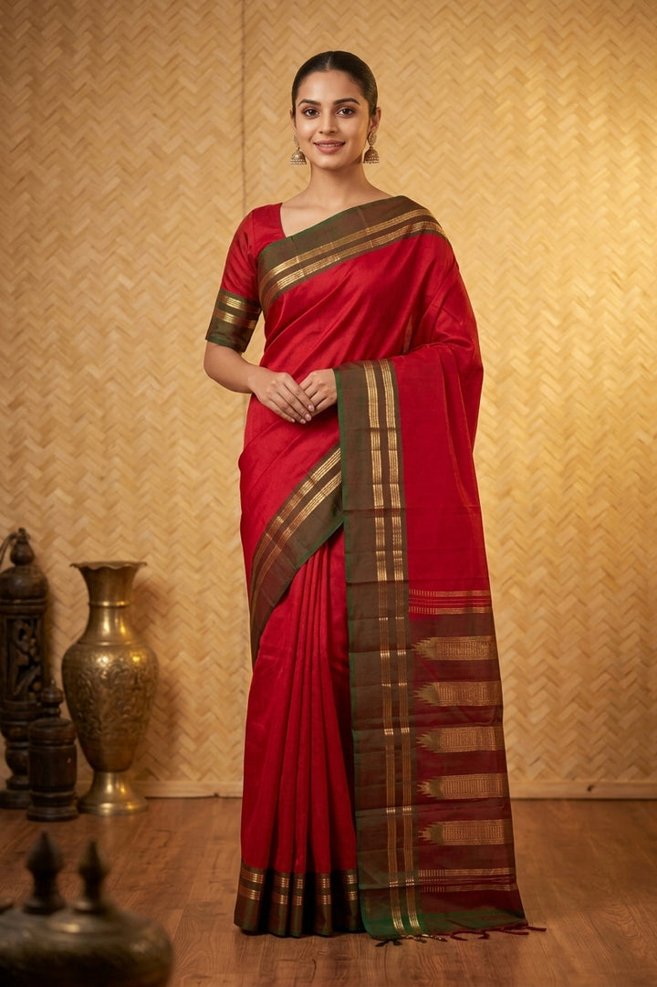 Tomato red and mandhulir green pure silk saree