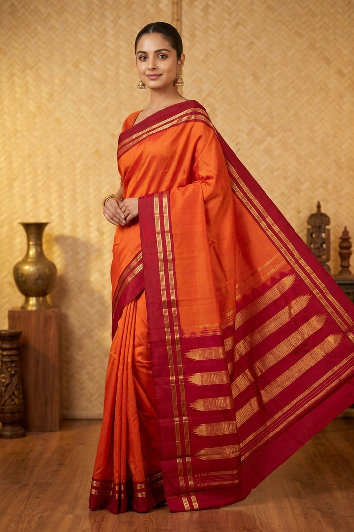 Dual tone orange and red pure silk saree