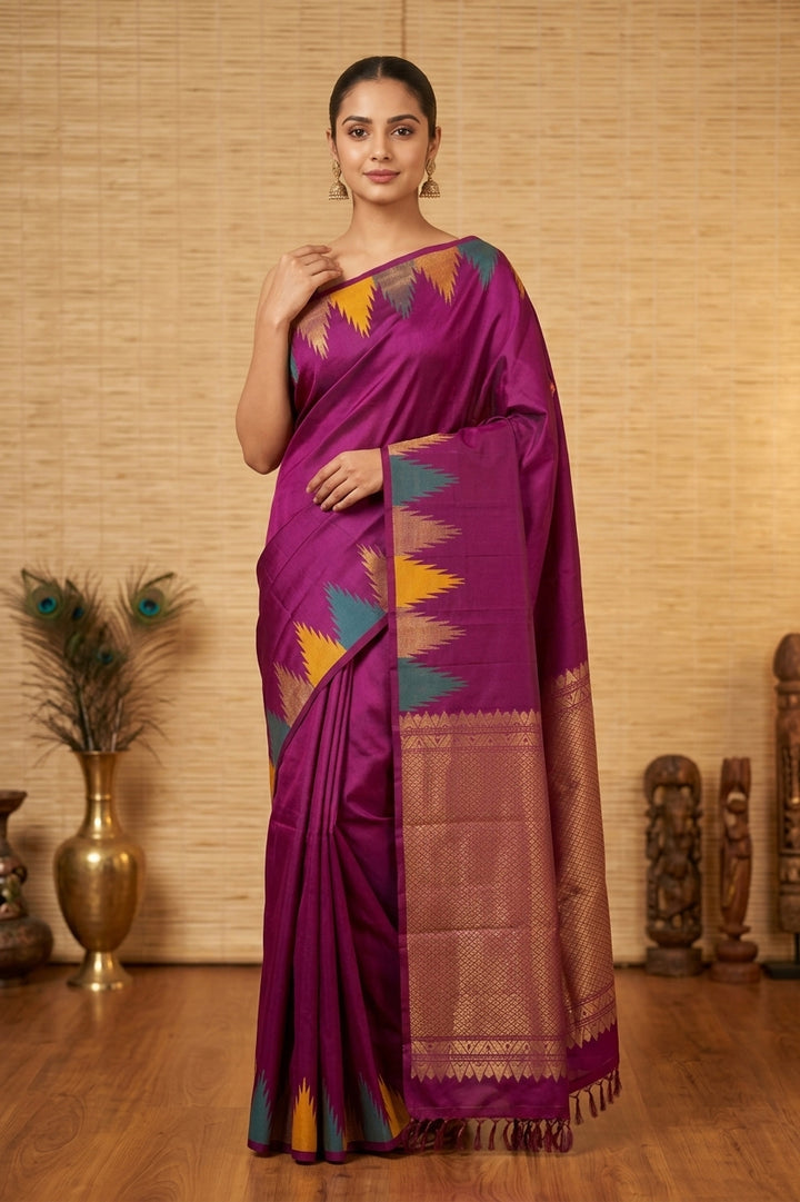 Purple temple border silk saree