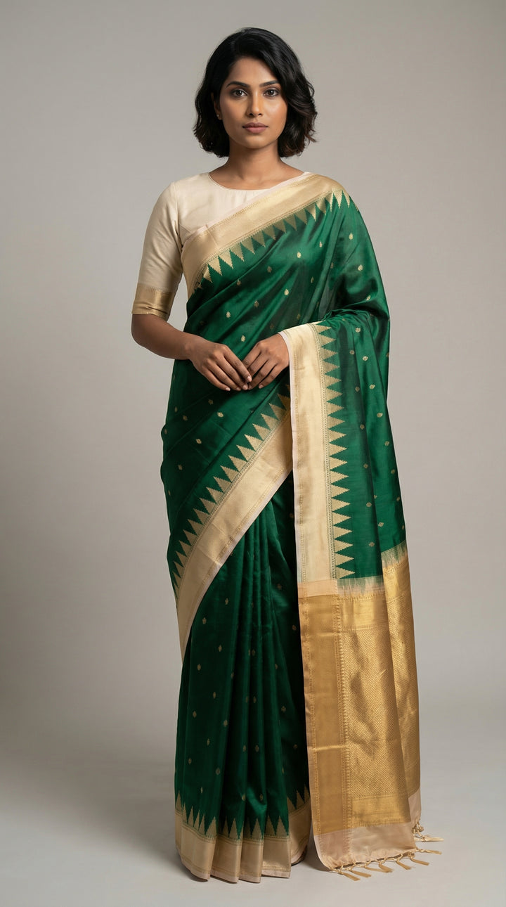 Forest Green and Beige Temple Border soft silk saree